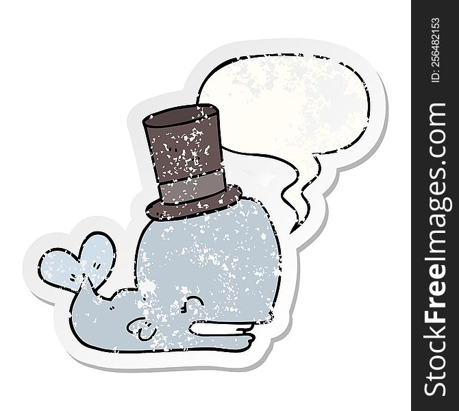 Cartoon Whale Wearing Top Hat And Speech Bubble Distressed Sticker