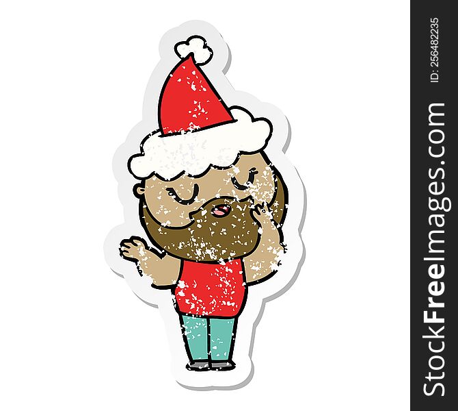 Distressed Sticker Cartoon Of A Man With Beard Wearing Santa Hat