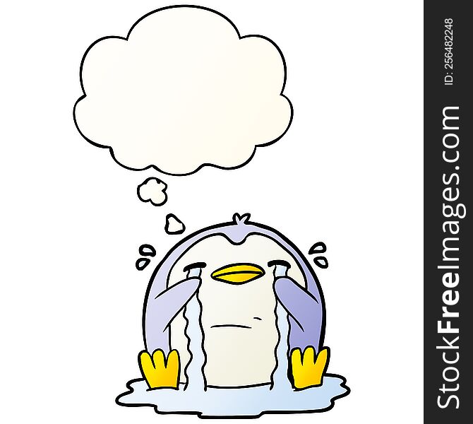 Cartoon Crying Penguin And Thought Bubble In Smooth Gradient Style