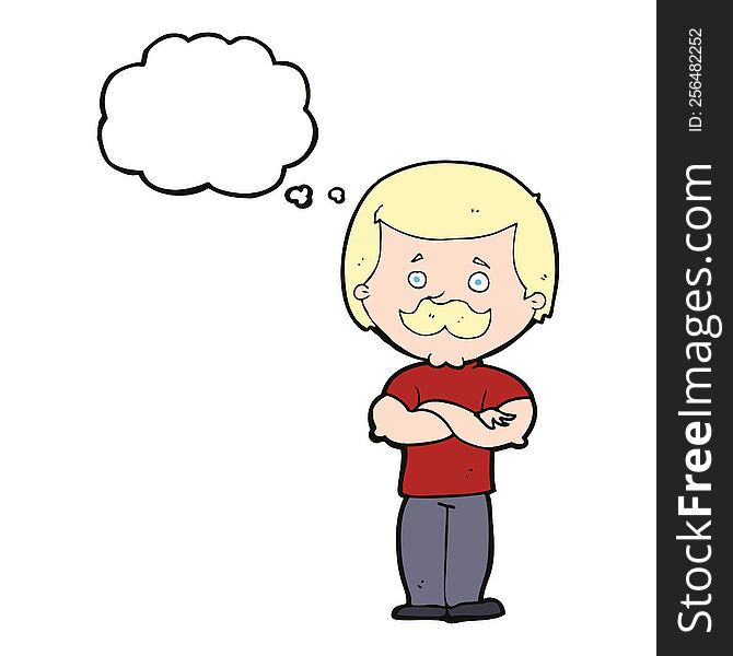 cartoon manly mustache man with thought bubble