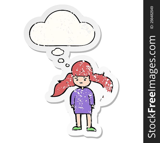 Cartoon Girl With Long Hair And Thought Bubble As A Distressed Worn Sticker