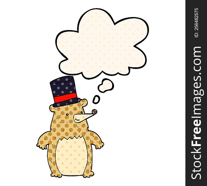 Cartoon Bear In Top Hat And Thought Bubble In Comic Book Style