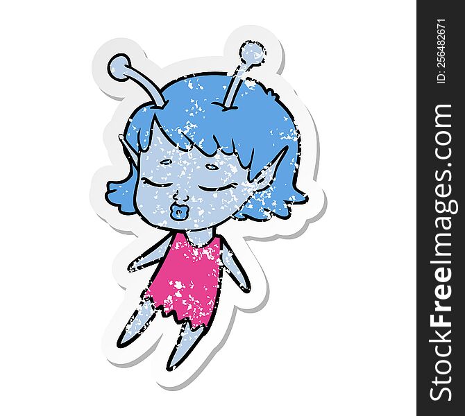 distressed sticker of a cute alien girl cartoon