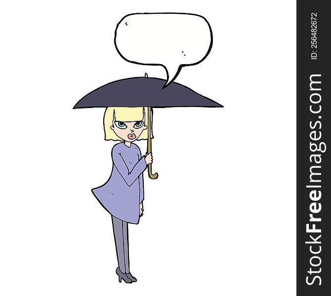 cartoon woman with umbrella with speech bubble