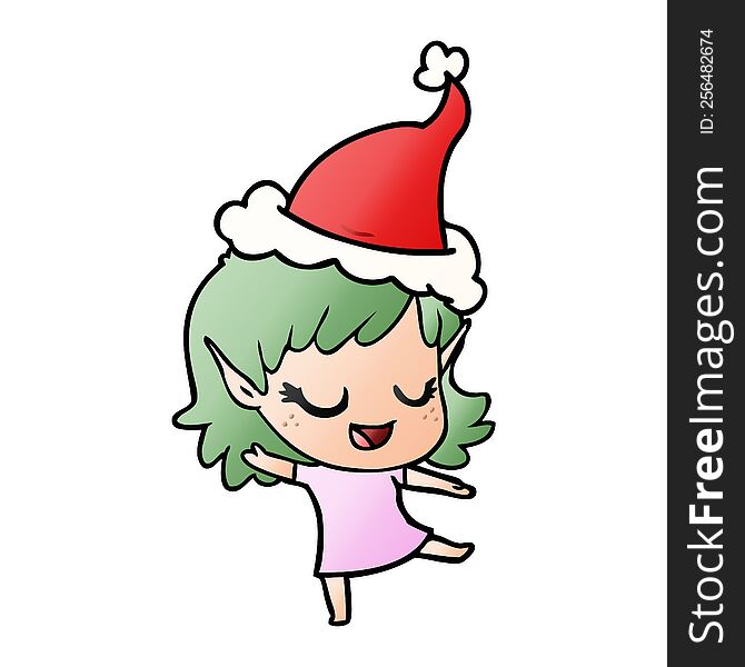 happy hand drawn gradient cartoon of a elf girl wearing santa hat. happy hand drawn gradient cartoon of a elf girl wearing santa hat