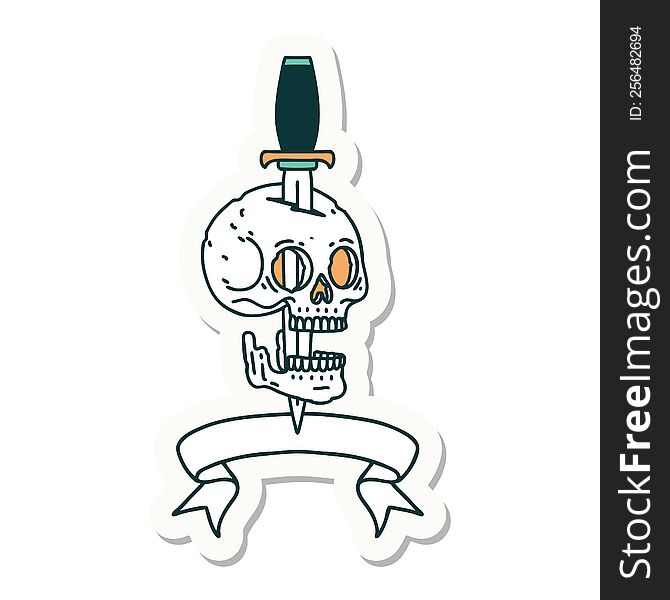 Tattoo Sticker With Banner Of A Skull And Dagger