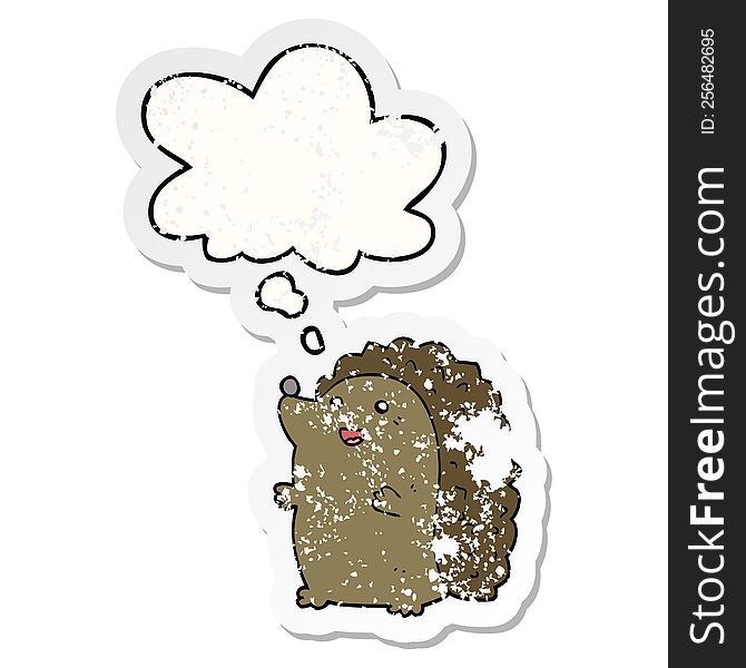 Cartoon Happy Hedgehog And Thought Bubble As A Distressed Worn Sticker