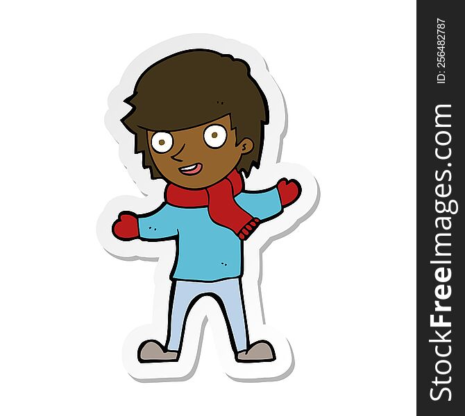 sticker of a cartoon boy in winter clothes