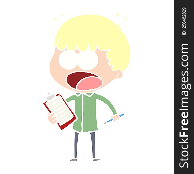 flat color style cartoon shocked man with clipboard and pen