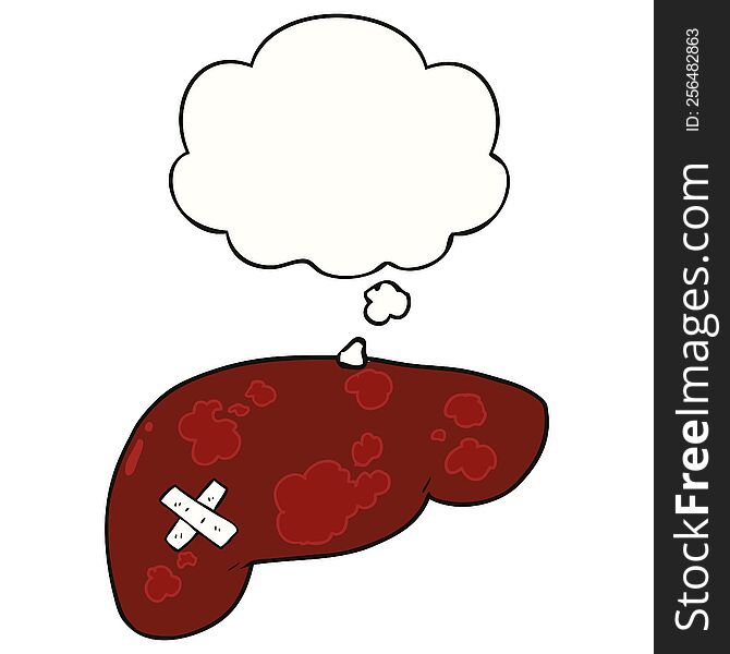 Cartoon Unhealthy Liver And Thought Bubble
