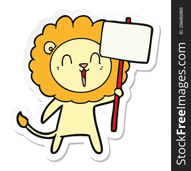 Sticker Of A Laughing Lion Cartoon With Placard