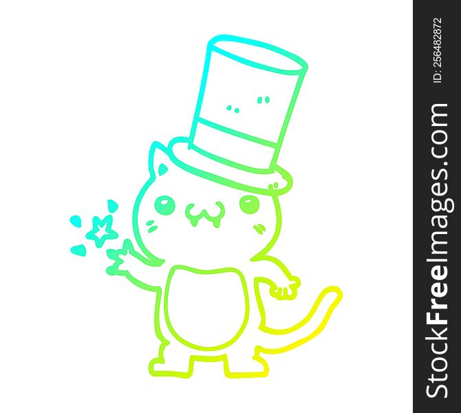 Cold Gradient Line Drawing Cartoon Cat Wearing Top Hat