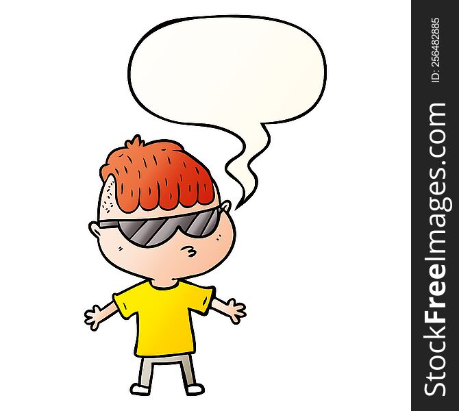 cartoon boy wearing sunglasses with speech bubble in smooth gradient style