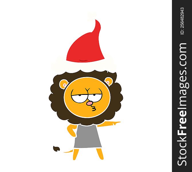 Flat Color Illustration Of A Bored Lion Wearing Santa Hat