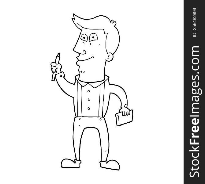 black and white cartoon man with notebook and pen