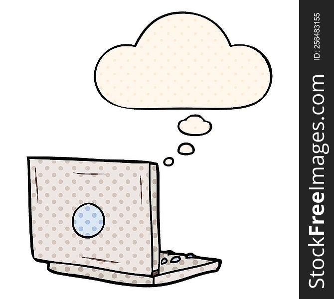 cartoon laptop computer with thought bubble in comic book style
