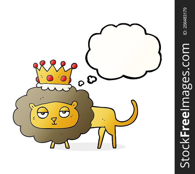 freehand drawn thought bubble cartoon lion with crown