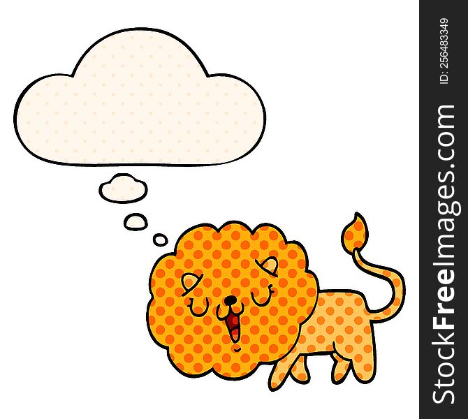 cute cartoon lion with thought bubble in comic book style