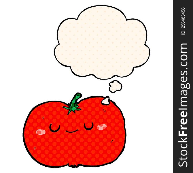 cartoon apple with thought bubble in comic book style