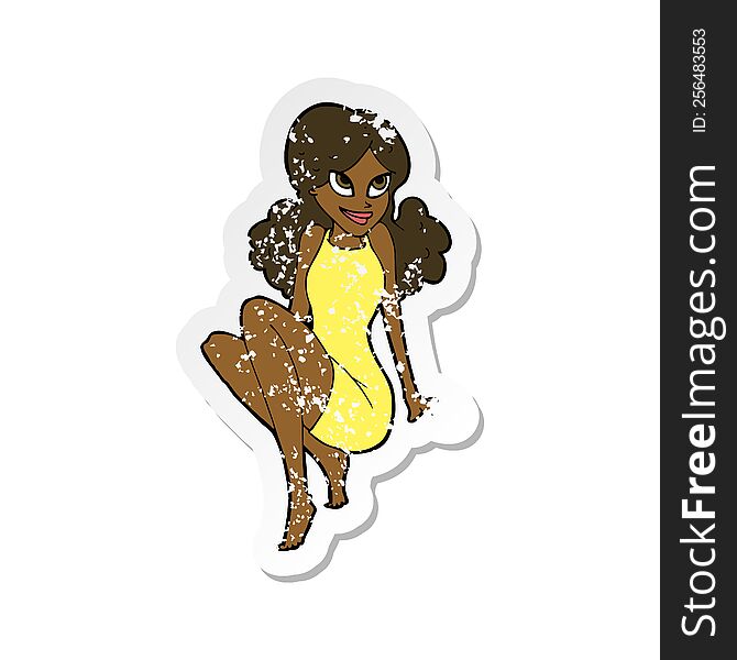 retro distressed sticker of a cartoon attractive woman posing