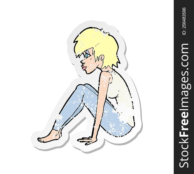 Retro Distressed Sticker Of A Cartoon Woman Sitting