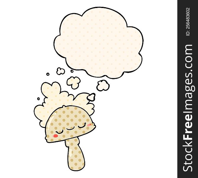 cartoon mushroom with spoor cloud with thought bubble in comic book style