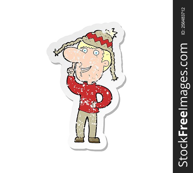 Retro Distressed Sticker Of A Cartoon Man In Hat With Idea