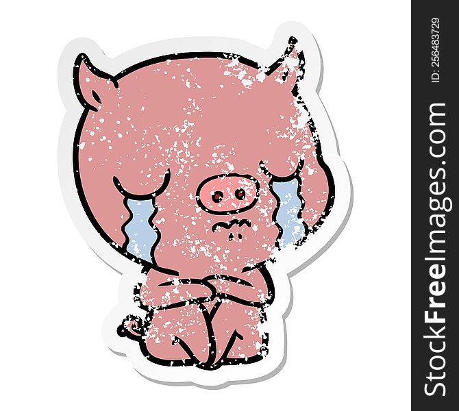 Distressed Sticker Of A Cartoon Sitting Pig Crying