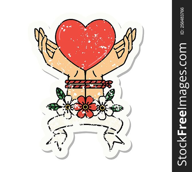 Grunge Sticker With Banner Of Tied Hands And A Heart