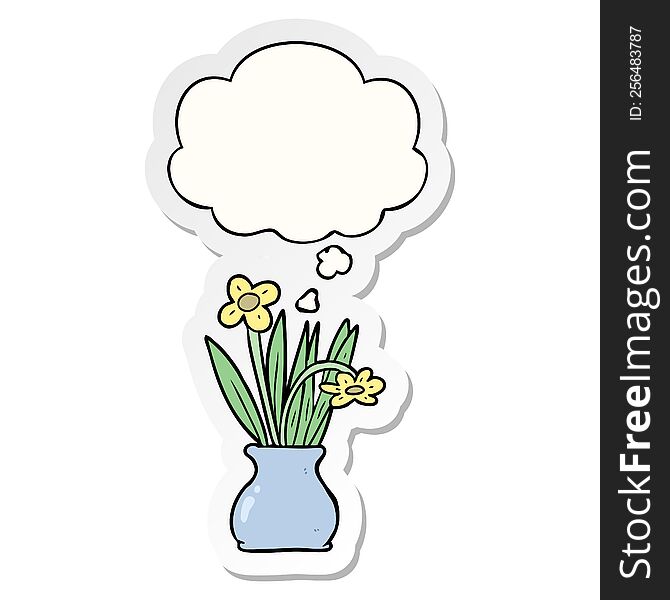 Cartoon Flower In Pot And Thought Bubble As A Printed Sticker