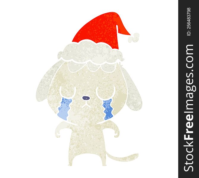 Cute Retro Cartoon Of A Dog Crying Wearing Santa Hat