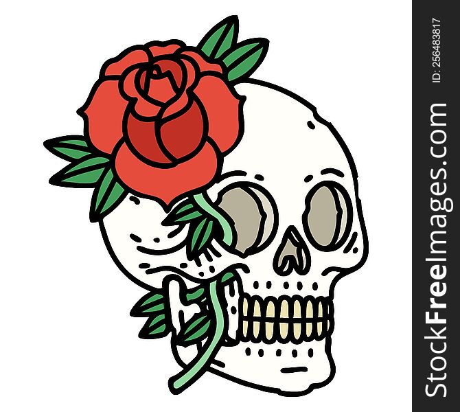 tattoo in traditional style of a skull and rose. tattoo in traditional style of a skull and rose