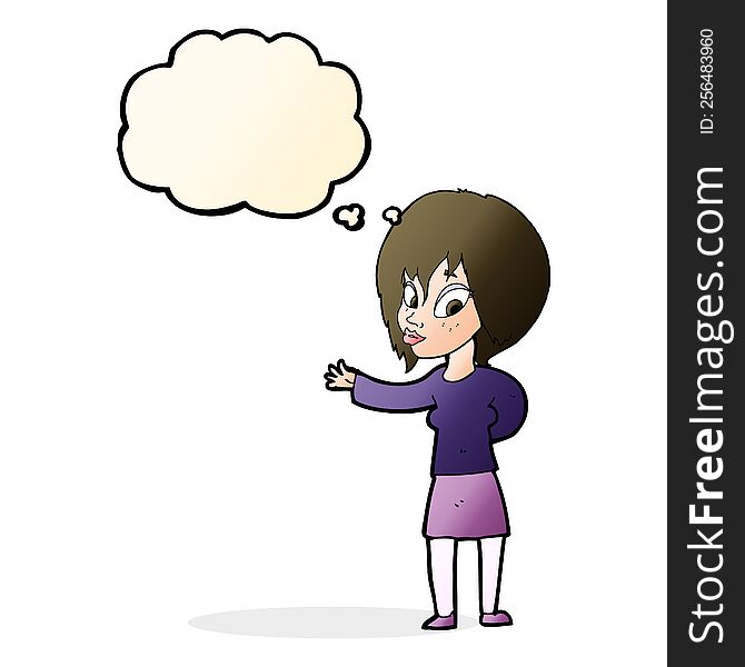 Cartoon Woman Making Welcome Gesture With Thought Bubble