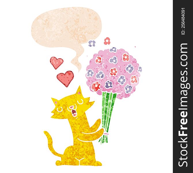 cartoon cat in love with flowers and speech bubble in retro textured style