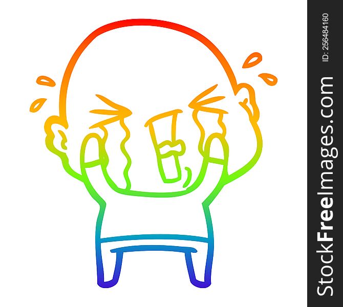 rainbow gradient line drawing of a cartoon crying bald man