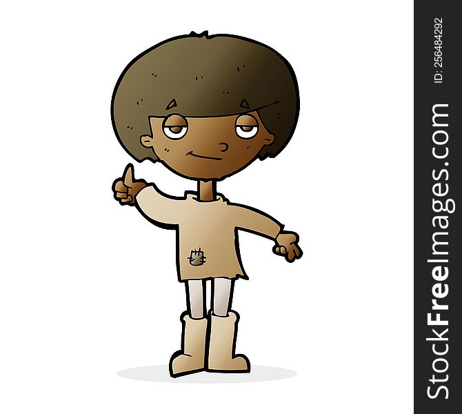 cartoon boy in poor clothing giving thumbs up symbol