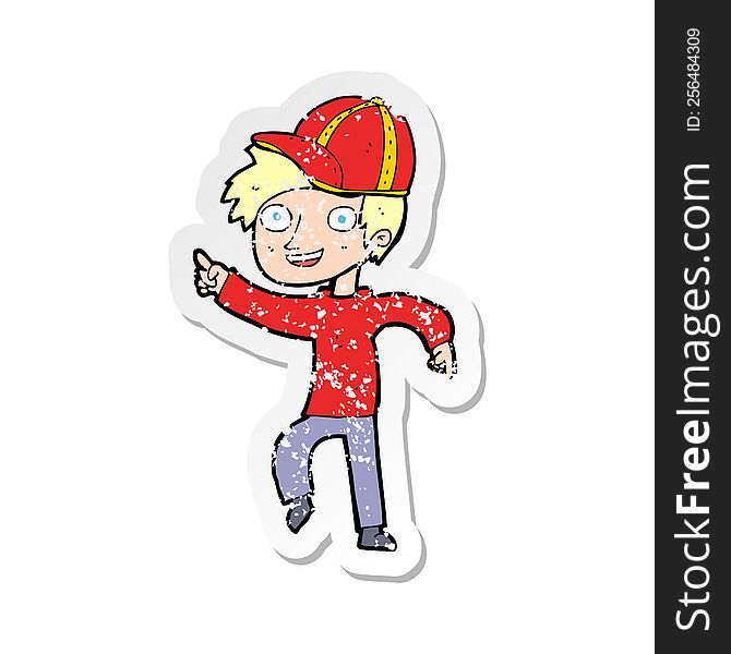 retro distressed sticker of a cartoon boy in cap pointing