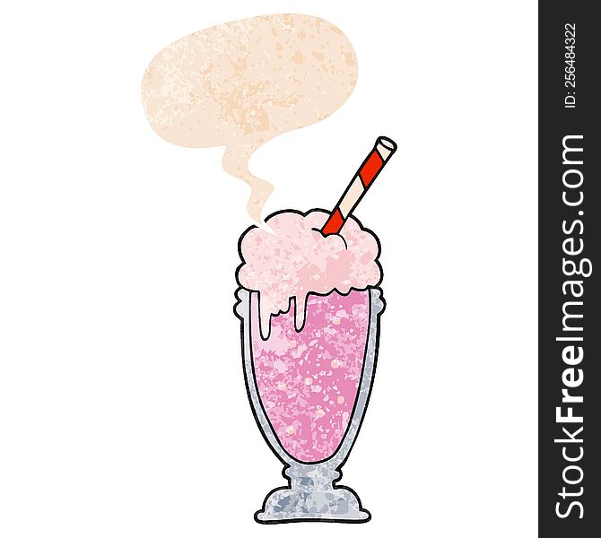 cartoon milkshake with speech bubble in grunge distressed retro textured style. cartoon milkshake with speech bubble in grunge distressed retro textured style