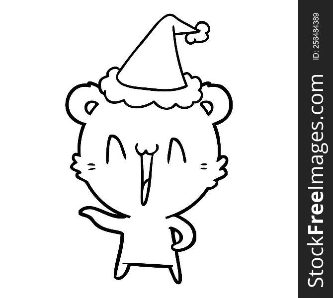 laughing polar bear hand drawn line drawing of a wearing santa hat. laughing polar bear hand drawn line drawing of a wearing santa hat