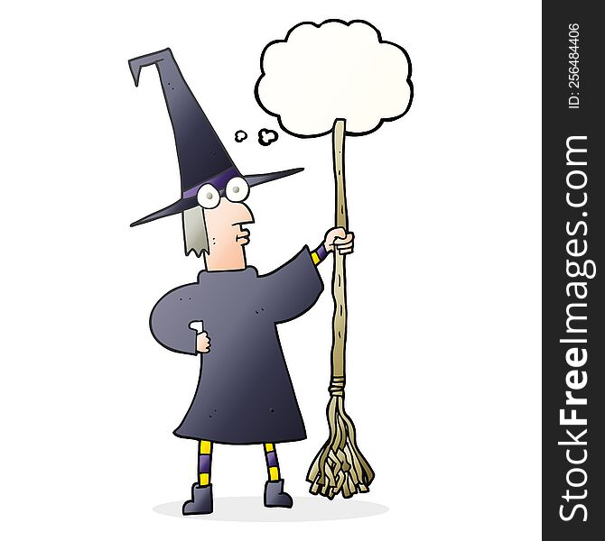 freehand drawn thought bubble cartoon witch with broom