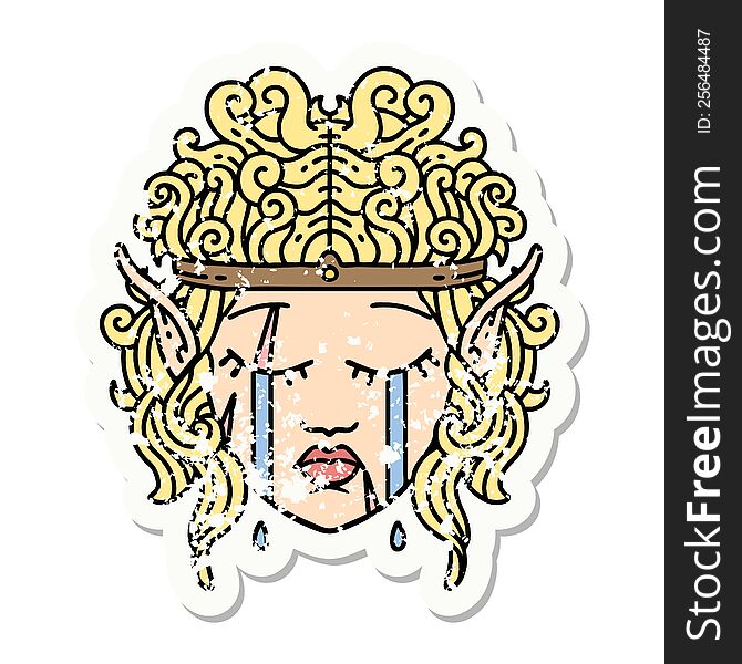 grunge sticker of a crying elf barbarian character face. grunge sticker of a crying elf barbarian character face