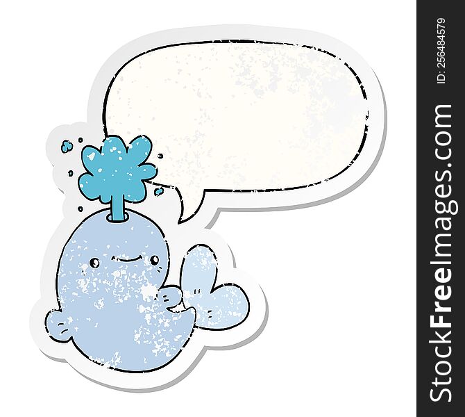 Cartoon Whale Spouting Water And Speech Bubble Distressed Sticker