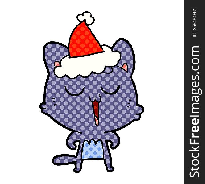 hand drawn comic book style illustration of a cat singing wearing santa hat