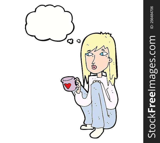 cartoon woman sitting with cup of coffee with thought bubble