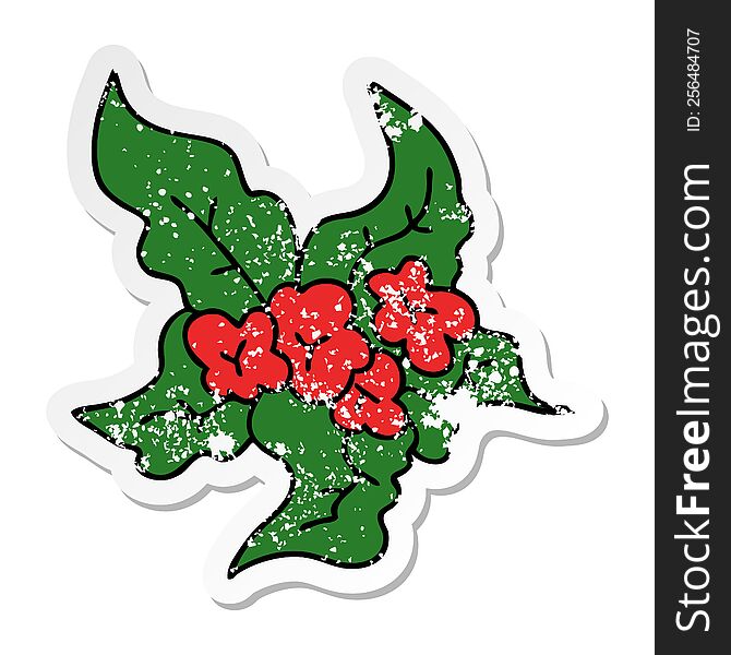 distressed sticker of a quirky hand drawn cartoon christmas flower