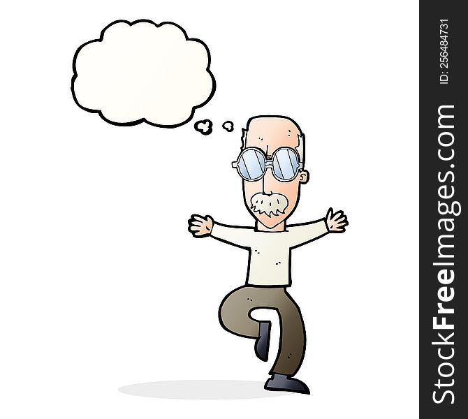 cartoon old man wearing big glasses with thought bubble