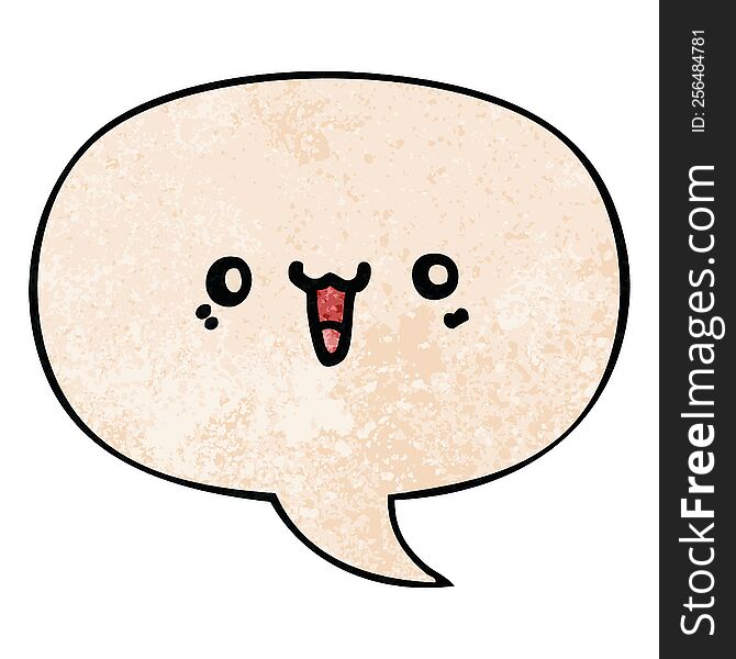 happy cartoon face with speech bubble in retro texture style
