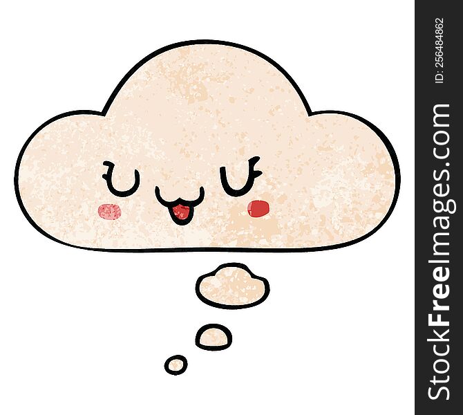 Cute Happy Cartoon Face And Thought Bubble In Grunge Texture Pattern Style