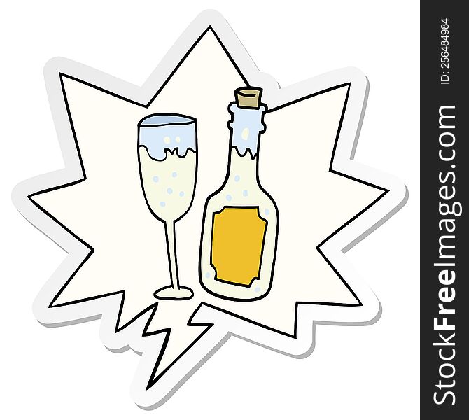 Cartoon Champagne Bottle And Glass And Speech Bubble Sticker