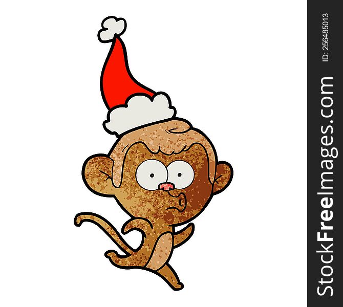 hand drawn textured cartoon of a surprised monkey wearing santa hat